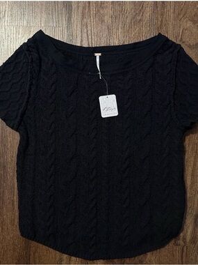 Free People Black Short-Sleeve Cable Knit Scoop Neck Top
